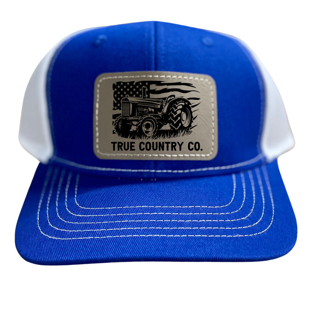 Wholesale Tractor with American Flag Patch Hat (Royal/White)