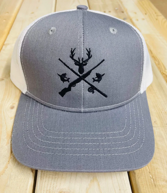 Hunting (Deer, Fish & Guns) Embroidered Hat (Grey/White)